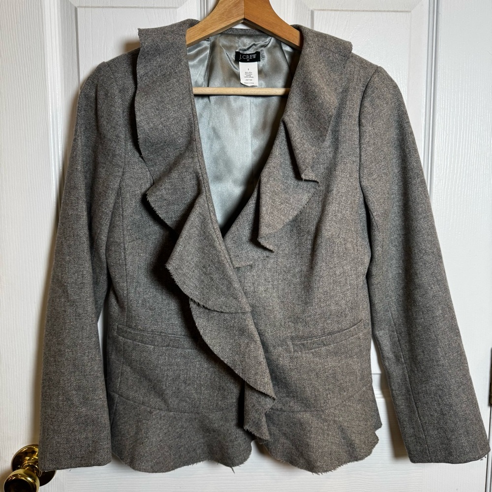 J.Crew Classic Gray Wool Ruffle Front Blazer Raw Edge Peplum Jacket Size 2
